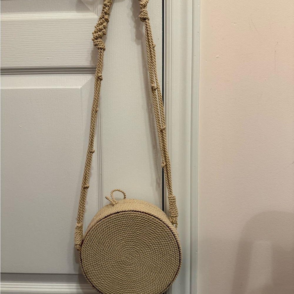 Beige Round Woven Crossbody Bag